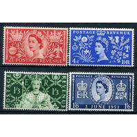 Великобритания - 1953г. - коронация королевы Елизаветы II - 4 марки - полная серия, MNH, MLH, 1 марка с жёлтыми пятнышками на клее [Mi 274-277]. #2-Bc-64-A-2
