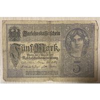 Банкнота 5 марок 1917 год. Германская империя . С рубля без МЦ.