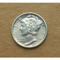 США, дайм (10 центов) 1943 г., т.н. "дайм с Меркурием", серебро 0.900