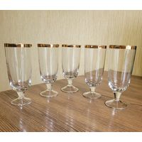 Бокалы на низкой ножке, стекло с позолотой, ретро СССР,  одним лотом 5 шт.