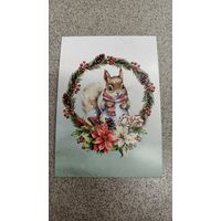 Открытка белочка в шарфике, в новогоднем венке. Чистая