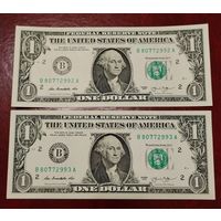 1 доллар 2013 г. Две банкноты. Номера подряд.