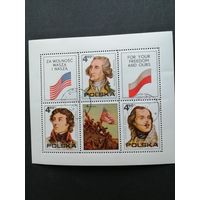 Польша 1975 Блок Mi.63 с 3 марками и 3 купонами "200 лет Независимости Соединенных Штатов Америки" (гашение с клеем) марки Mi.2405-2407 каталог 1.50 евро