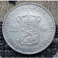 Нидерланды 2 1/2 гульдена 1932 года, AU. Королева Вельгельмина. Серебро. Сторгуй за свою цену, предложи обмен! Y