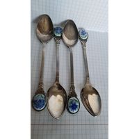 С 1 РУБЛЯ ! ЛОТ 4 ЛОЖКИ ЧАЙНЫЕ ЭМАЛЬ ПОСЕРЕБРЕНИЕ ЦВЕТОК ВАСИЛЁК