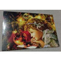 Посткроссинг. Открытка Девочка с ёлкой (10х15). Прошла почту. Художественные марки, чёткий штемпель.