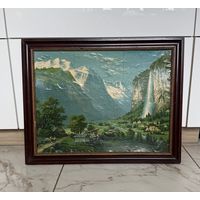 Старинная литография в оригинальной раме Горный пейзаж
