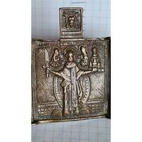 ИКОНА НИКОЛАЙ МОЖАЙСКИЙ ОБРАЗОК СКЛАДЕНЬ ПЛАСТИКА МЕДНОЛИТОЙ СПЛАВ 18  -19 ВЕК .