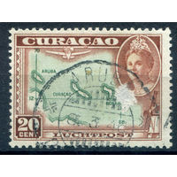 Нидерландские колонии - Кюрасао - 1942г. - ландшафты, авиация, королева Вильгельмина, авиапочта, 20 с - 1 марка - гашёная с потёртостью на лицевой стороне [Mi 185]. #3-WB-97-A-1