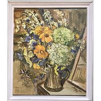 Лось Е.Г. "Натюрморт. Ассорти из домашних цветов", 2009 г. ДВП, масло. Размер 42,5х50 см.