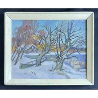 Поплавский Г.Г "Зимний пейзаж с лодкой и домиком", 2004г. Холст, акрил. Размер 40х50 см.