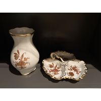 Ваза и Менажница Золотой Букет Роза Тюльпан Ильменау Германия 50-е