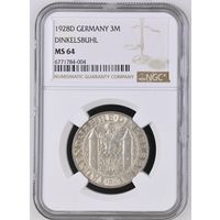 3 рейхсмарки 1928 год. 1000 лет Динкельсбюлю. Отличное коллекционное состояние. Грейд NGC MS64