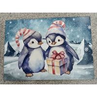 Открытка пингвины с подарком, новый год. Чистая