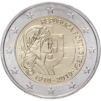 2 евро 2010 Португалия 100 лет Португальской республике UNC из ролла