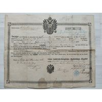 Свидетельство об увольнении с военной службы из армии Австрийской империи. Юнгбунцлау (ныне Млада-Болеслав). Богемия. 1866г. Оригинал. Размер документа: 385х485мм! Austria Military Discharge Document.