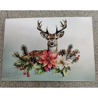 Открытка олень, остролист, шишки. Новый год. Чистая
