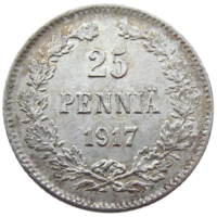 Россия для Финляндии, 25 пенни 1917 г. (S), сост. AU, без короны, серебро 750/ 1,27 г. Биткин #GSF2