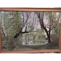 Картина "Пруд в парке", масло фанера Лобков П.Д 1988 г.  разумный торг