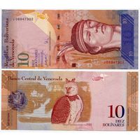 Венесуэла. 10 боливаров (образца 2007 года, P90a2, 4 полоски для слепых, UNC)