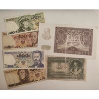 Польша набор банкнот: 5 марок 1919, 100 злотых 1940г, 50, 100, 200, 500 злотых (распродажа коллекции).