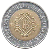 Итальянская Республика (Италия). 500 лир 1993 г. 100 лет Банку Италии