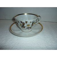 Чайная Пара Костяной Фарфор Рига СССР Ручная роспись Рельефный рисунок