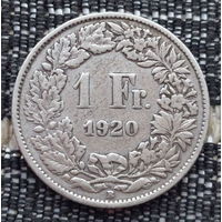 Швейцария 1 франк 1920 года, B. Серебро! Сторгуй за свою цену, предложи обмен!