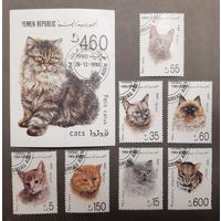 Йемен. 1990 год. Фауна. Кошки. Блок и 7 марок
