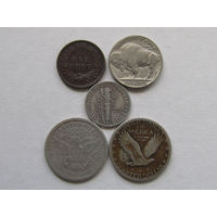 США 1 цент 1904, 5 центов 1937, 10 центов 1941 D, 25 центов (квотер) 1894 S и 1930. Цена за набор