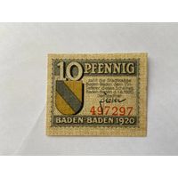 Нотгельд 10 пфеннигов Баден-Баден. Веймарская республика - 1602
