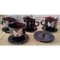 Чайные, кофейные пары, 200 мл, закаленное темное стекло (4 пары+2 блюдца)