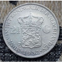 Нидерланды 2 1/2 гульдена 1932 года, AU. Королева Вельгельмина. Серебро. Предложи свою цену или обмен!