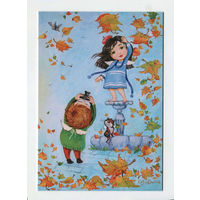 Открытка почтовая. Фотограф. Осень. Мальчик. Дети. Девочка. Котик. Худож. К.Дудник (чистая)