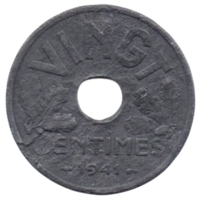 ФРАНЦУЗСКОЕ ГОСУДАРСТВО. VINGT (20) сантимов 1941. Нечастая