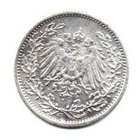 ГЕРМАНСКАЯ ИМПЕРИЯ. 1/2 МАРКИ 1905 G. Серебро
