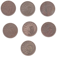 Королевство Новая Зеландия. 1 цент 1967, 1975, 1976, 1979, 1980, 1983, 1984. 2-й тип портрета. Серебристый папоротник- национальный символ. Цена за одну монету.