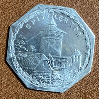 Германия Нюрнберг нотгельд 20 пфеннигов 1919 год. Башня Шпиттлертальтор трамвайный жетон