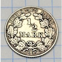 С 1 РУБЛЯ! МОНЕТА 1/2 МАРКИ СЕРЕБРО 1905