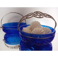 Цветное стекло. Корзинка. Вазочка. Синее стекло. Конфетница. Кобальт