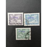 Польша 1950 Полная серия марок с надпечаткой "GROSZY" на марках 1949 года Mi.533-535 "75 лет Всемирному почтовому союзу (UPU)" (гашение без клея) Mi.636-638 каталог 53.00 евро