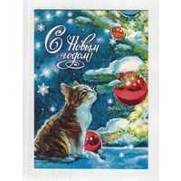Открытка. С новым годом! Ёлочка. Фауна. Животные. Котики. Серый котенок. Игрушки на ёлке. (чистая)