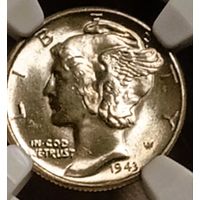 10с 1943, США NGC65!!! Mercury Dime шикарное серебро, высокий грейд, без мц! Также смотрите другие мои лоты!