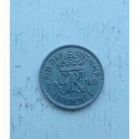Великобритания 6 пенсов 1948 год с надписью IND: IMP: готические инициалы короля