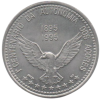 Автономный Регион Азоры (Асориш, Азорские Острова). 100 эскудо 1995. UNC. 100 лет автономии Азорских островов. Фауна. Орёл.