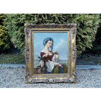 Картина / Портрет "Женщина Кормит Козу" Масло, Холст, Франция, 19 век.