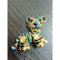 Брошь тигр с цветными стразами