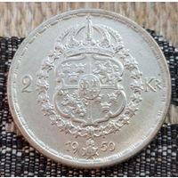 Швеция 2 кроны 1950 года, AU. Густав V. Герб. Серебро. Сторгуй за свою цену, предложи обмен! Y40