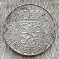 Нидерланды 2 1/2 гульдена 1959 года, AU. Королева Юлиана. Серебро. Сторгуй за свою цену, предложи обмен!