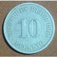 Монета 10 пфеннигов 1901 год. Германская империя.  J Монетный двор Гамбург